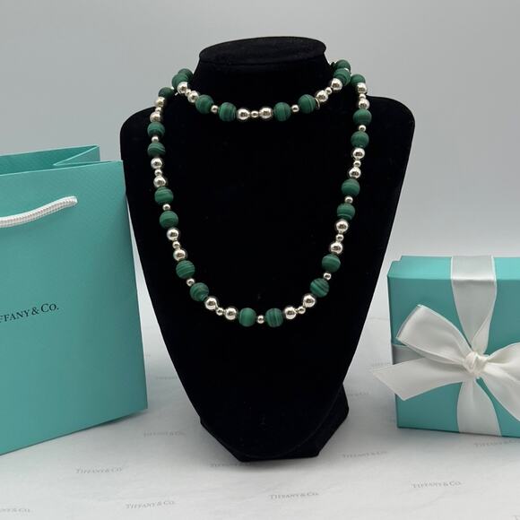 Tiffany & Co Green Malachite Sterling Silver Beads 30" Vintage Necklace Gift Box - Picture 4 of 10